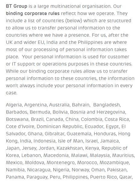 EE Privacy Policy: International Data Transfer clause with list of countries