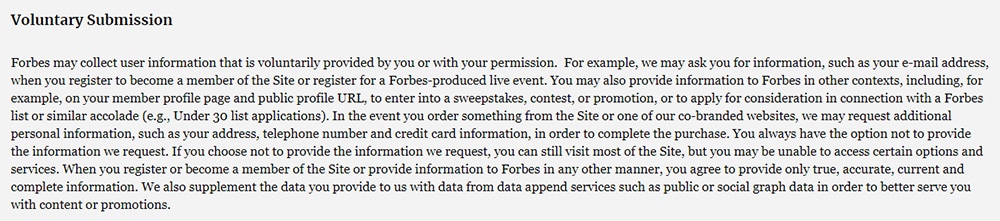 Forbes Privacy Statement: Voluntary Submission clause