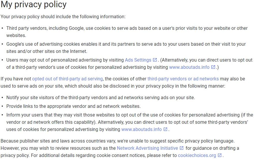 Google AdSense Terms and Conditions: Privacy Policy requirement clause