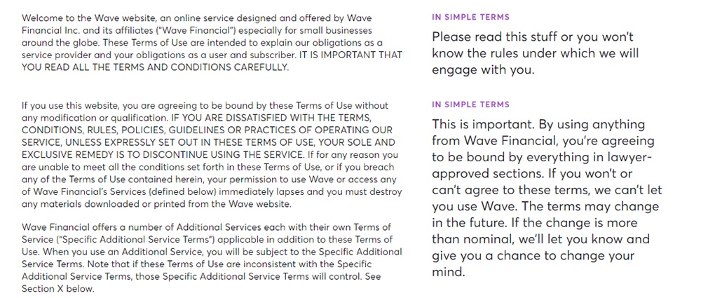 Wave Terms of Use: Introduction clauses with full and simple versions